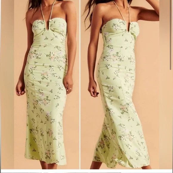 Abercrombie & Fitch Green Floral Halter Tie Neck Ultra Feminine Dress NWOT M - Picture 1 of 16
